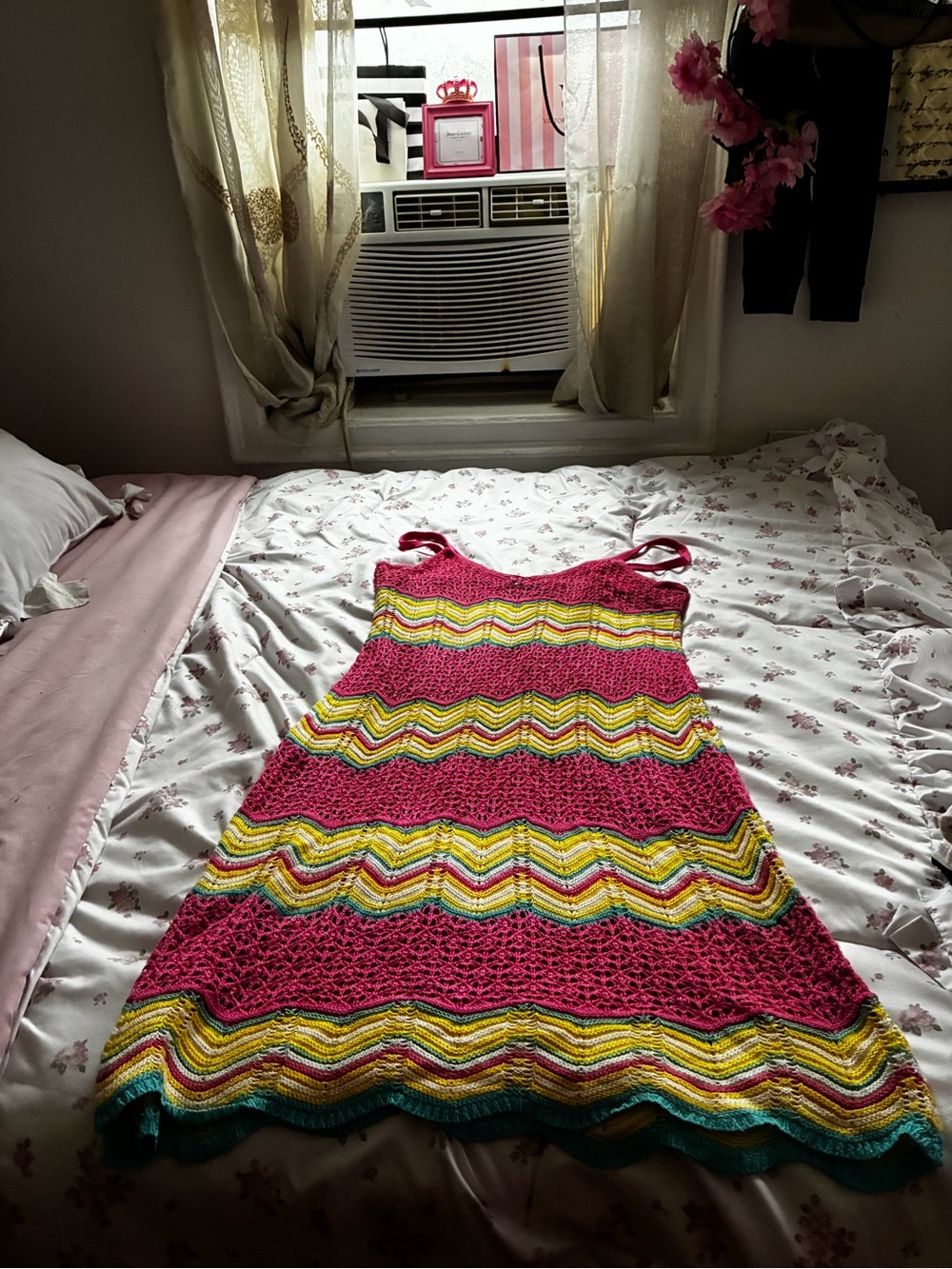 Almost Famous Pink Crochet Chevron Sundress with Multicolor Stripes